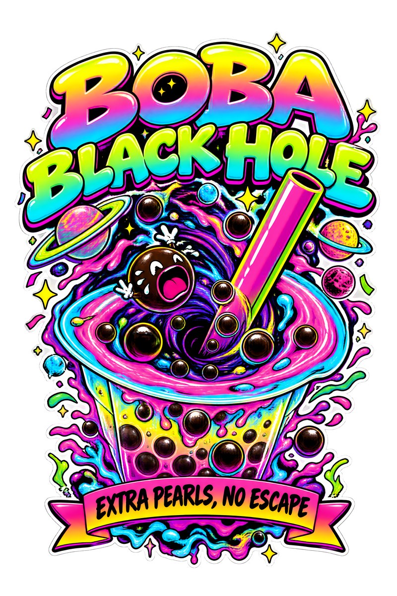 Boba Black Hole t-shirt design: a bubble tea cup swirling into a black hole, a giant straw diving in and one screaming boba pearl getting pulled under