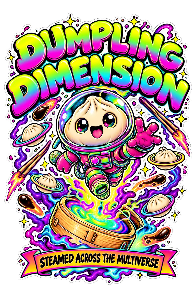 Dumpling Dimension t-shirt design: a dumpling astronaut floating out of a glowing steamer basket portal, with tiny dumplings orbiting like planets