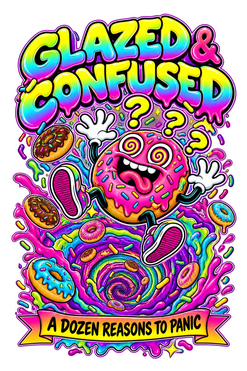 Glazed & Confused t-shirt design: a dizzy donut alien in a flying saucer, spiral eyes and sprinkles everywhere