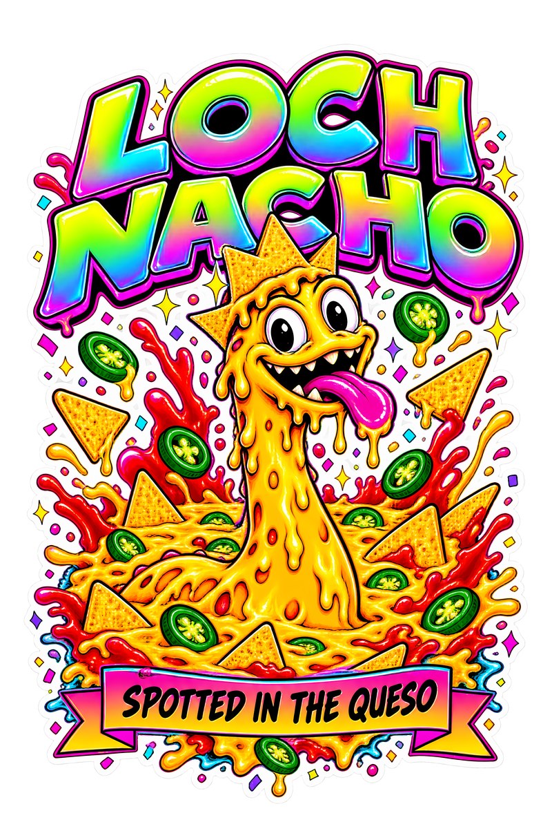 Loch Nacho t-shirt design: a goofy queso sea monster rising from a lake of tortilla chips and jalapeños, wearing a nacho crown