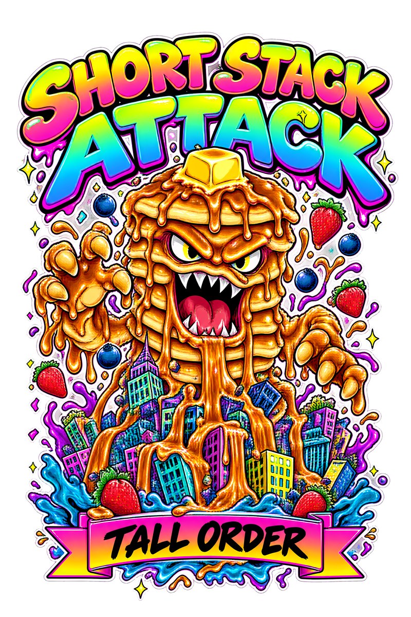 Short Stack Attack t-shirt design: a pancake stack monster with a butter crown stomping a city, syrup pouring like waterfalls and a fork in hand